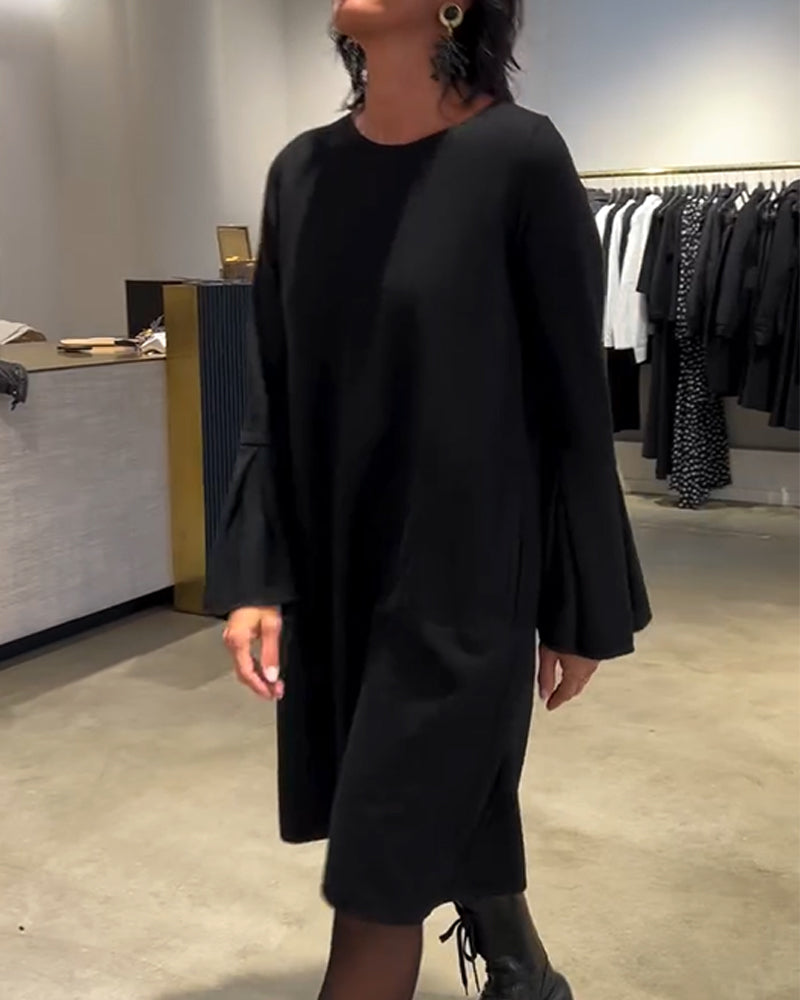 Dress Solid Color Bell Sleeve Ruched