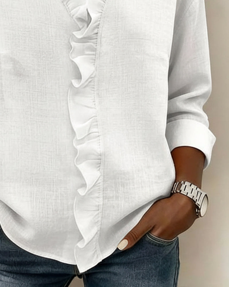 Ruffled Blouse with V-Neck and Long Sleeves