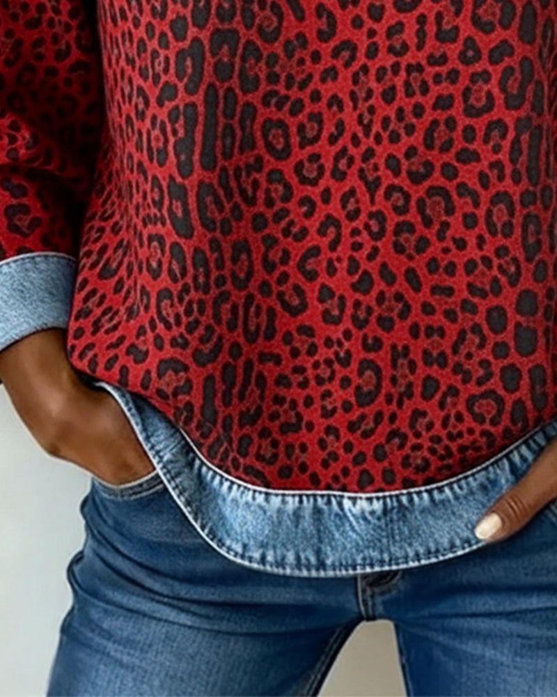 Leopard Print Sweatshirt Denim Patchwork