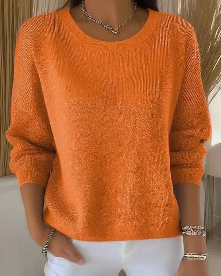 Solid Color Sweater with Round Neck and Drop Shoulder