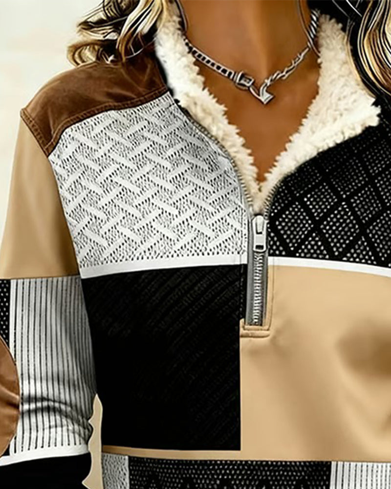 Half Zip Fleece-Lined Color Block Sweatshirt