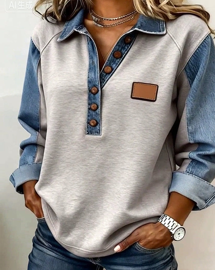 Stylish Sweatshirt with Denim Patchwork and Long Sleeves