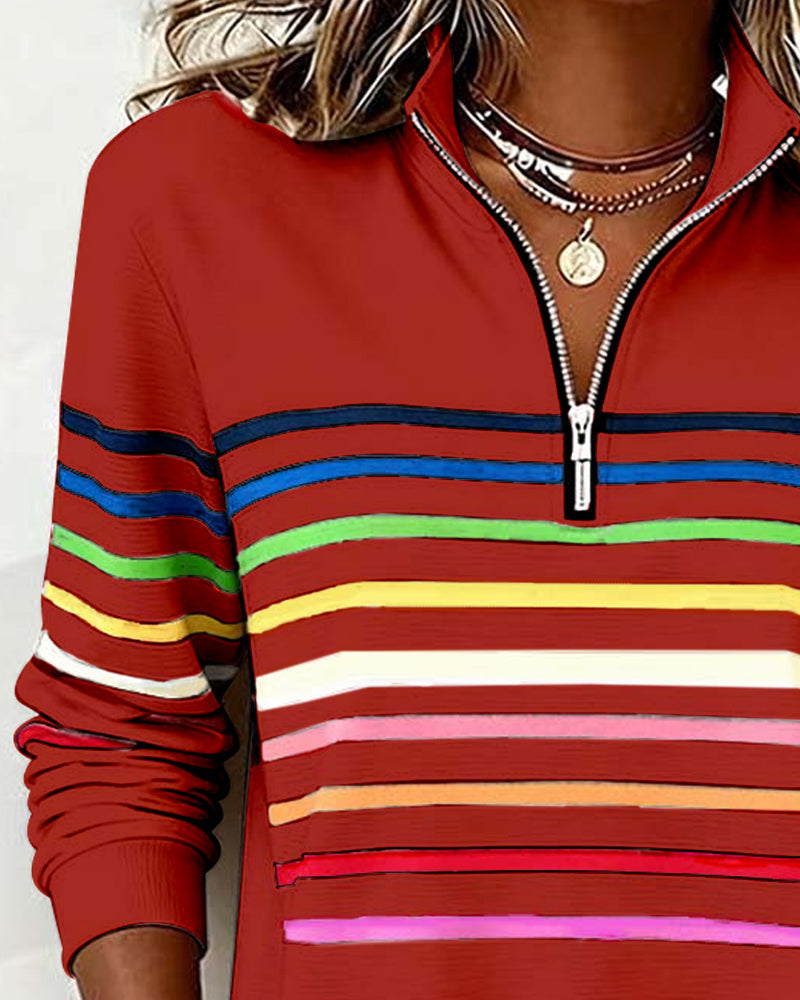 Mode Sweatshirt with Half Zipper and Rainbow Stripes