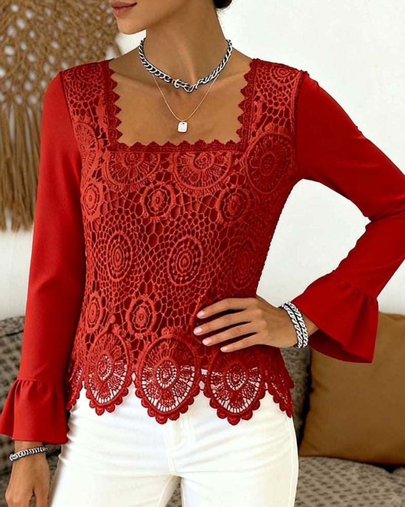 Crochet Blouse with Wide Neckline and Patchwork Details