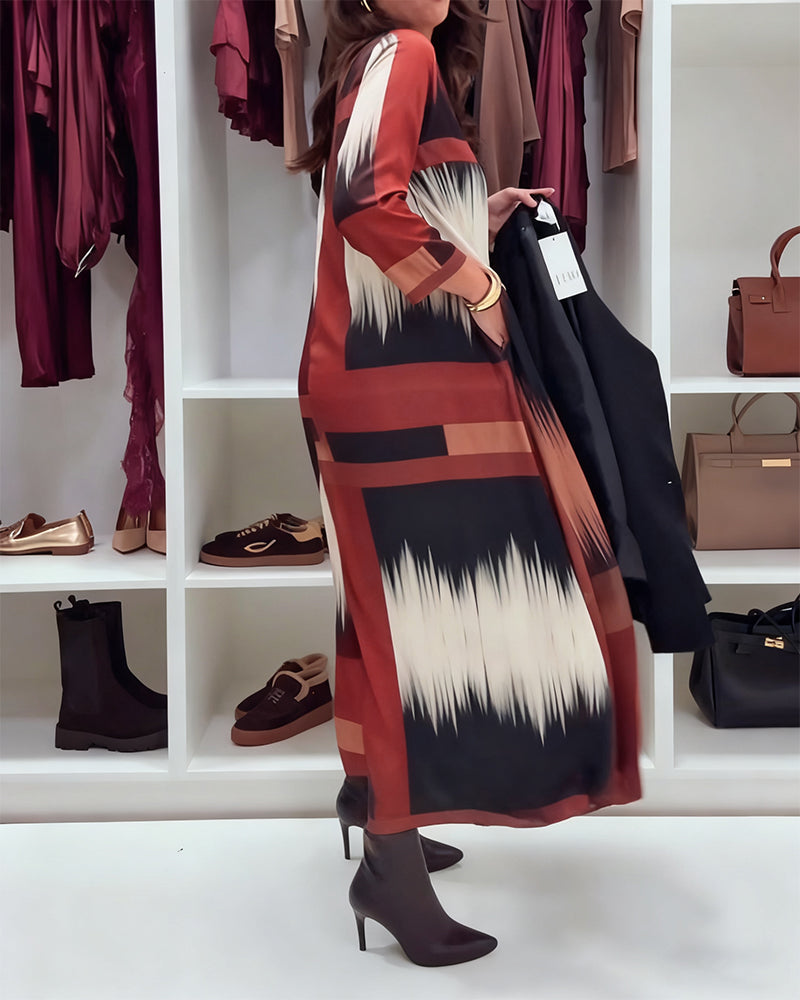 Modern Printed Dress With Round Neckline And Long Sleeves