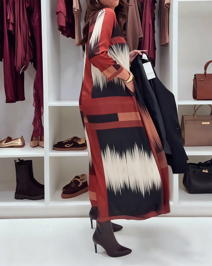 Modern Printed Dress With Round Neckline And Long Sleeves