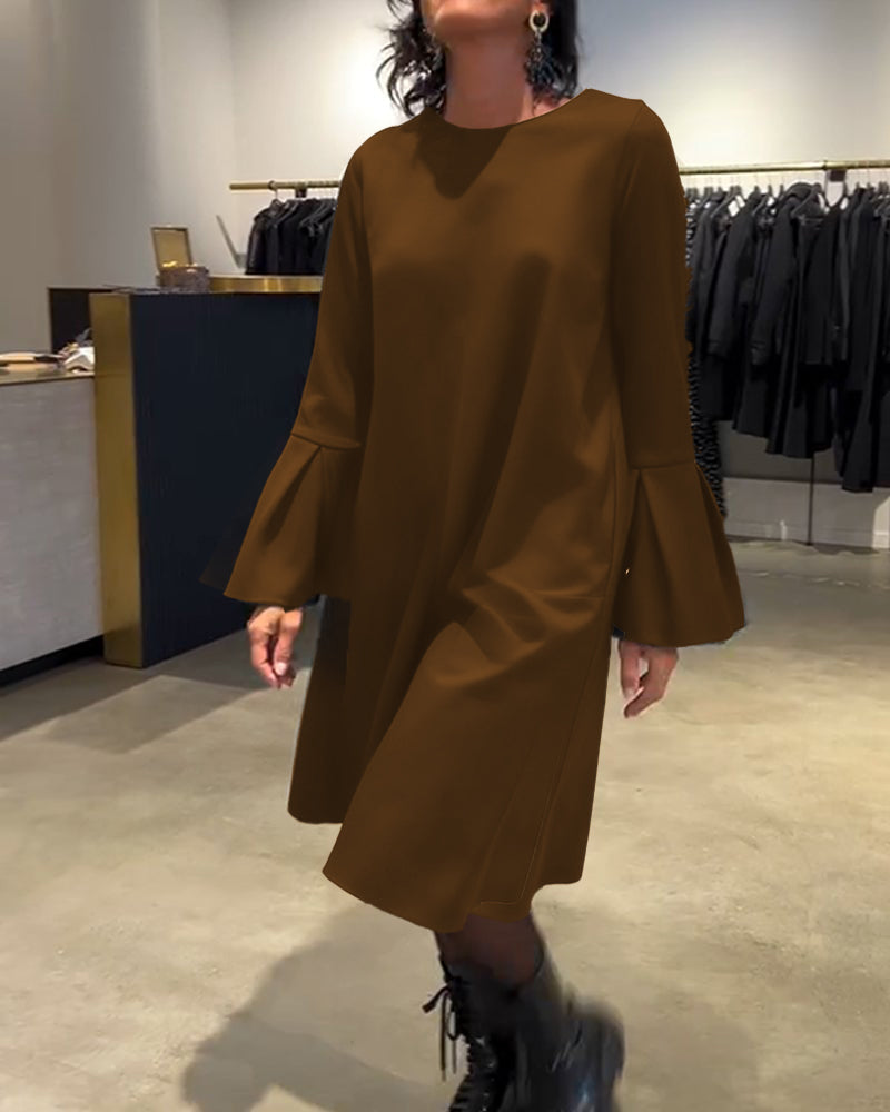 Dress Solid Color Bell Sleeve Ruched