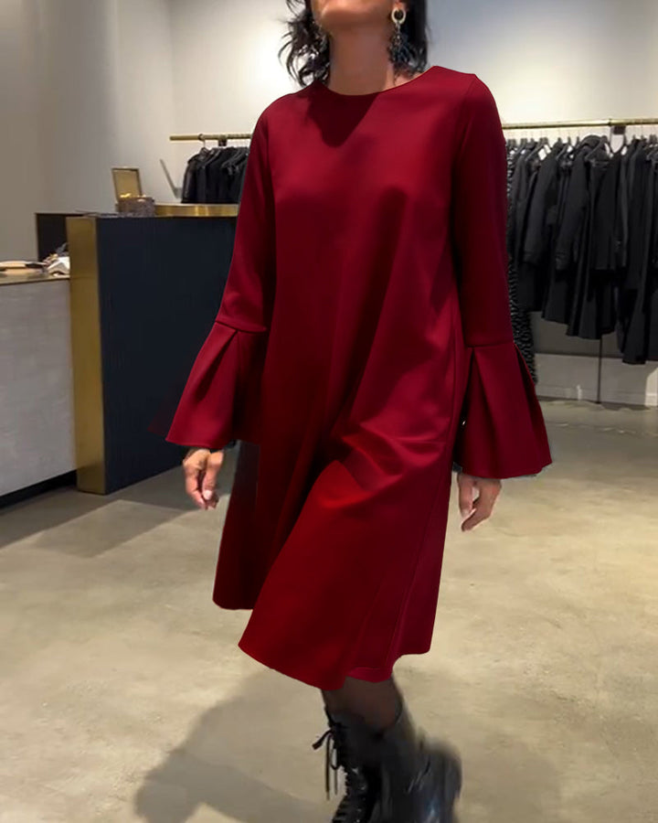 Dress Solid Color Bell Sleeve Ruched
