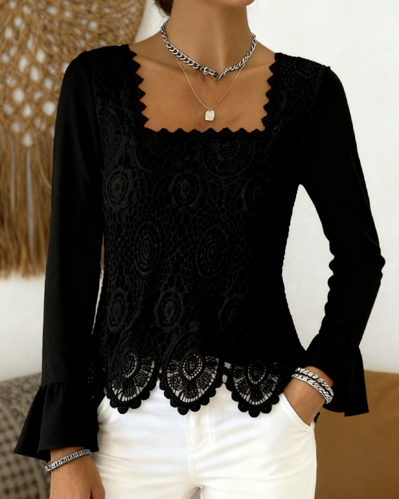 Crochet Blouse with Wide Neckline and Patchwork Details