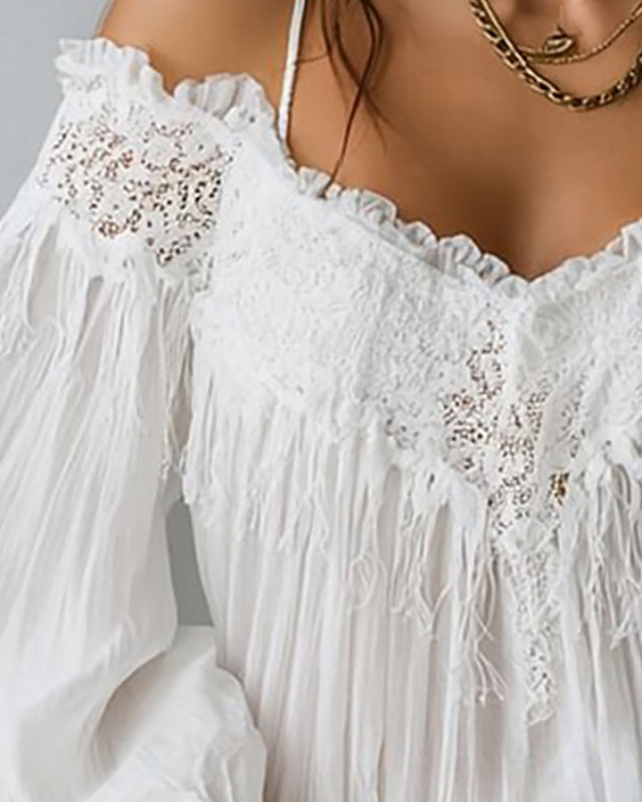 Top with Off Shoulder Design Lace and Fringes