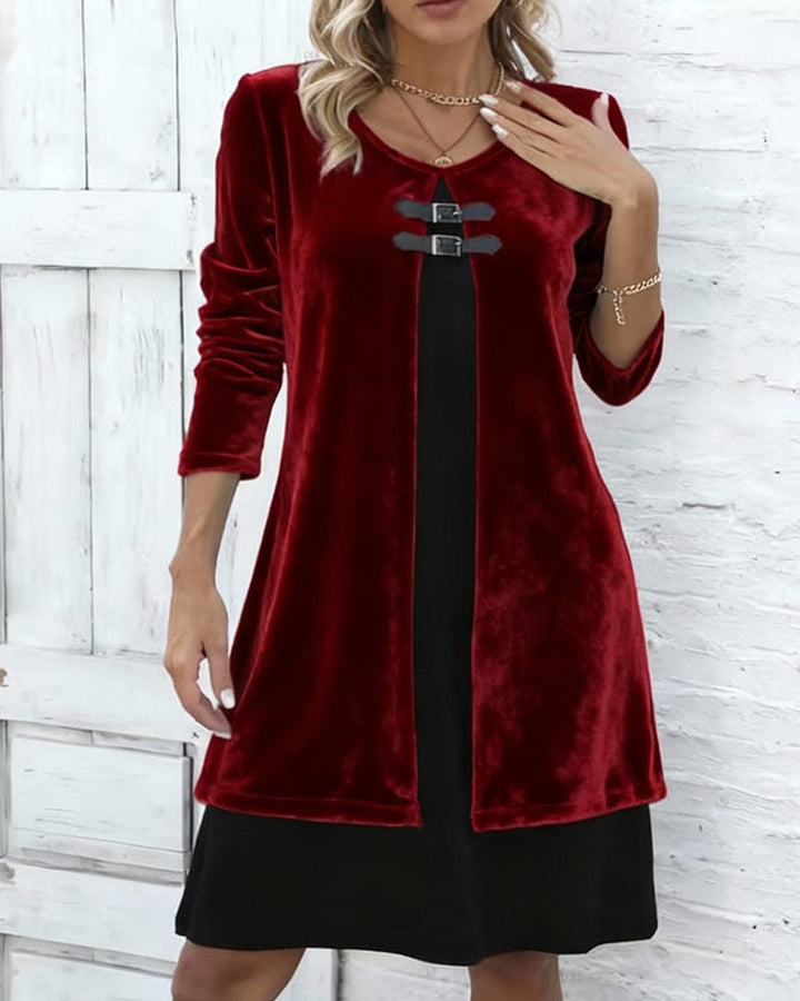 Velour Dress in Faux Two-Piece Design