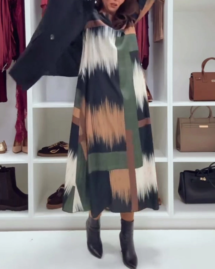 Modern Printed Dress With Round Neckline And Long Sleeves