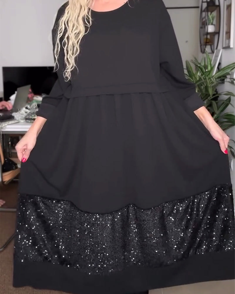 Dress Round Neck Sequins Patchwork Loose