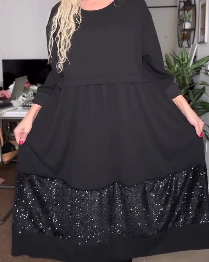 Dress Round Neck Sequins Patchwork Loose