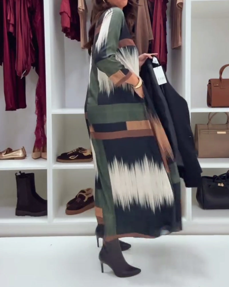 Modern Printed Dress With Round Neckline And Long Sleeves