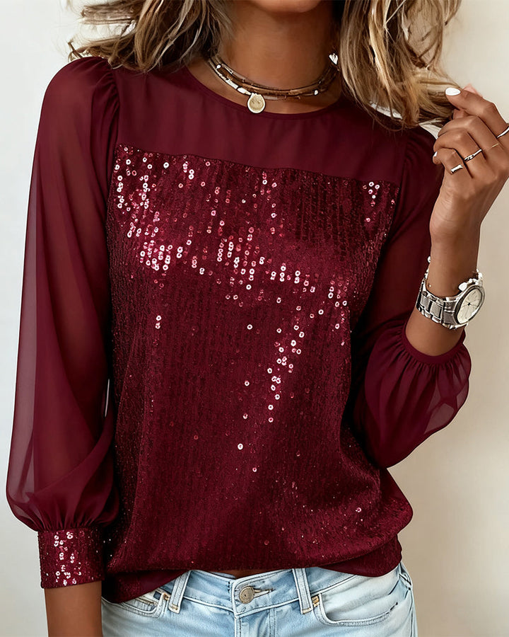 Top Sequin Panel Round Neck Long Sleeve