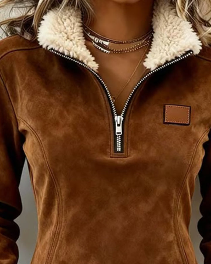 Sweatshirt with Half-Zip Collar Asymmetric Design and Fringe Detail