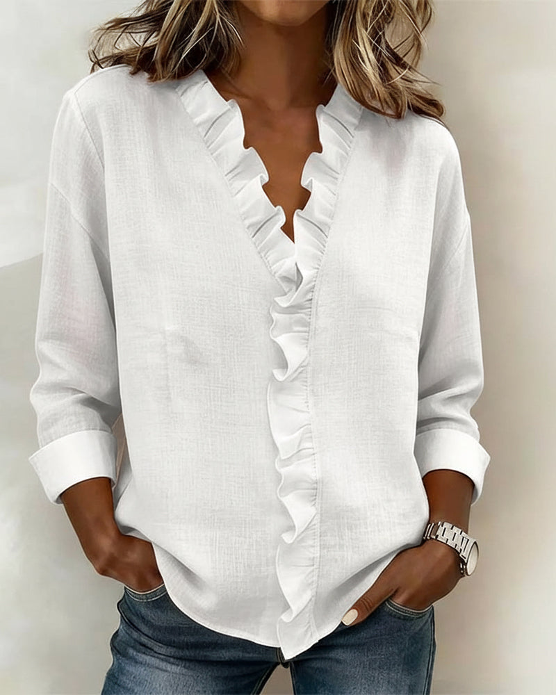 Ruffled Blouse with V-Neck and Long Sleeves