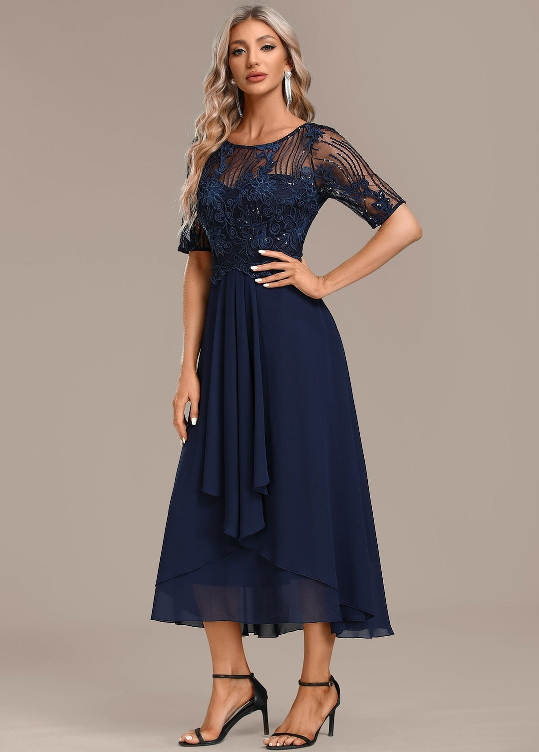 VALYSSIA – NAVY LACE SHORT SLEEVE ROUND NECK DRESS