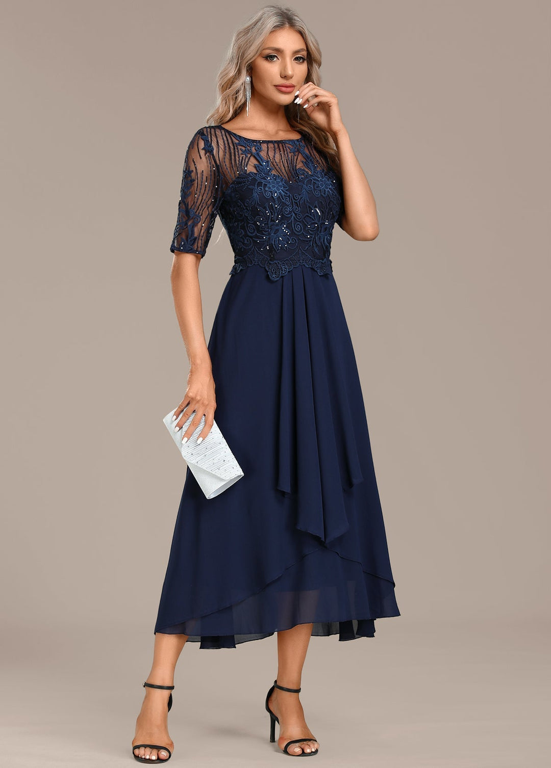 VALYSSIA – NAVY LACE SHORT SLEEVE ROUND NECK DRESS