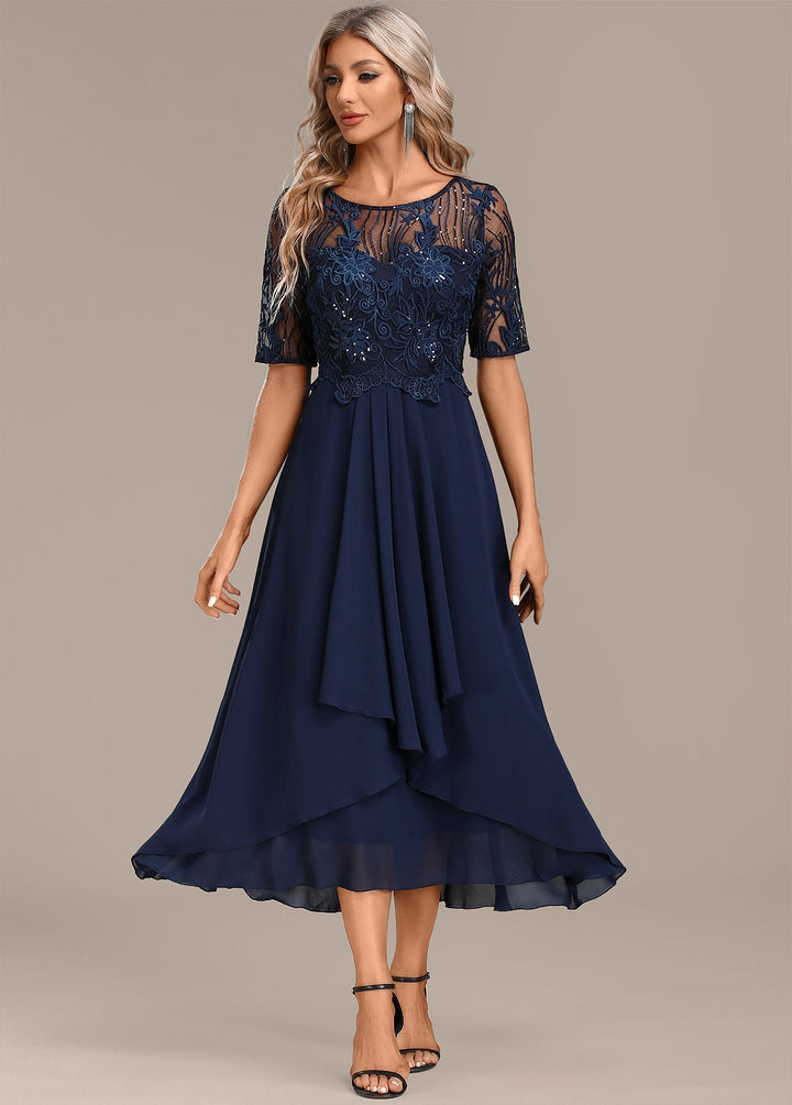 VALYSSIA – NAVY LACE SHORT SLEEVE ROUND NECK DRESS