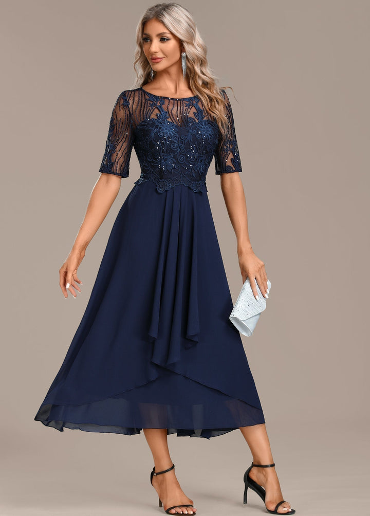 VALYSSIA – NAVY LACE SHORT SLEEVE ROUND NECK DRESS