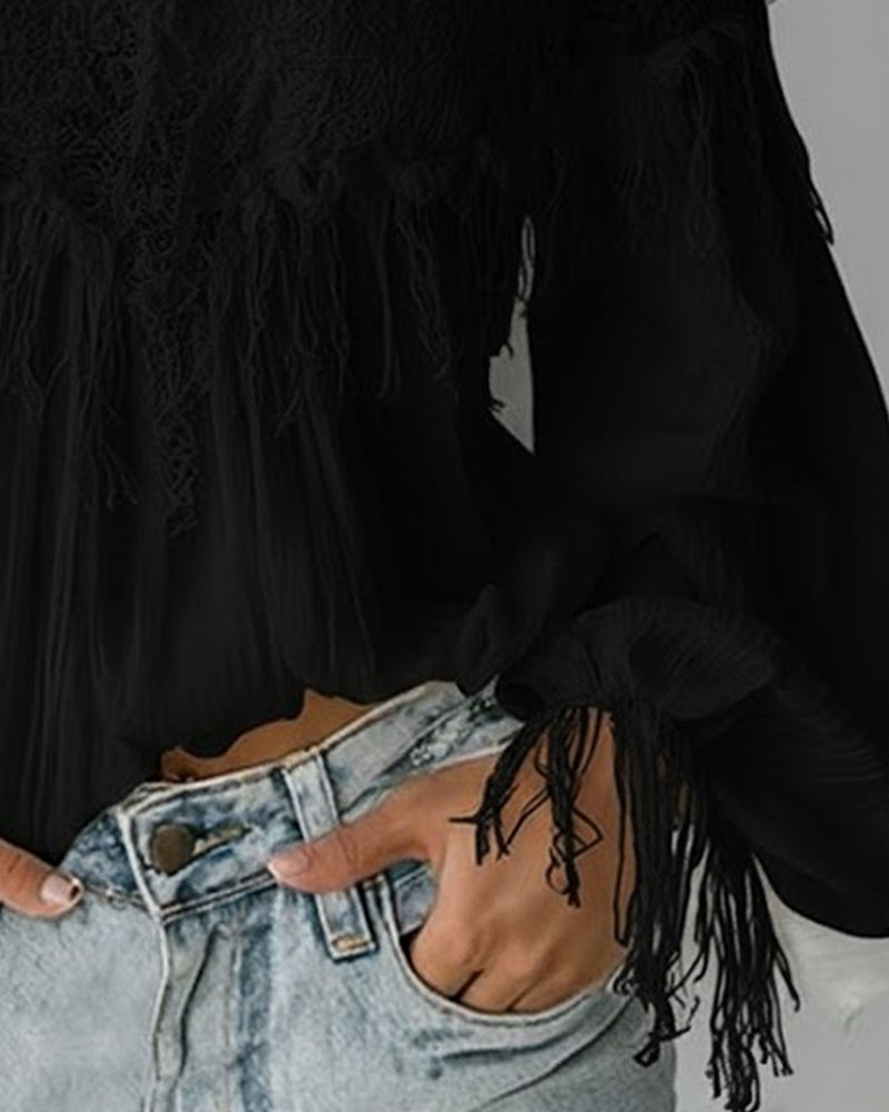 Top with Off Shoulder Design Lace and Fringes