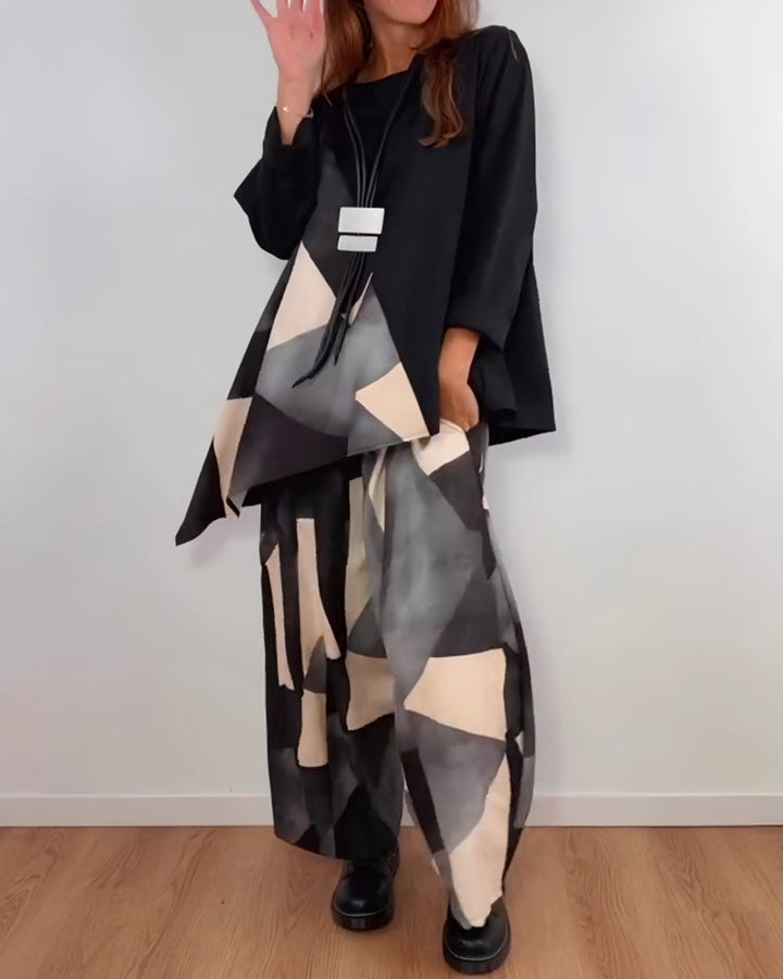 Casual Geometric Print Two-Piece Set Wide Pants