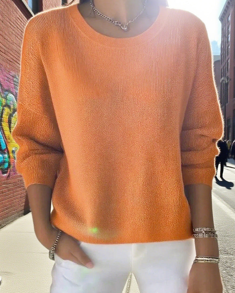 Solid Color Sweater with Round Neck and Drop Shoulder