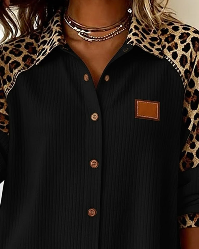 Shirt with Lapel Button Closure Leopard Print