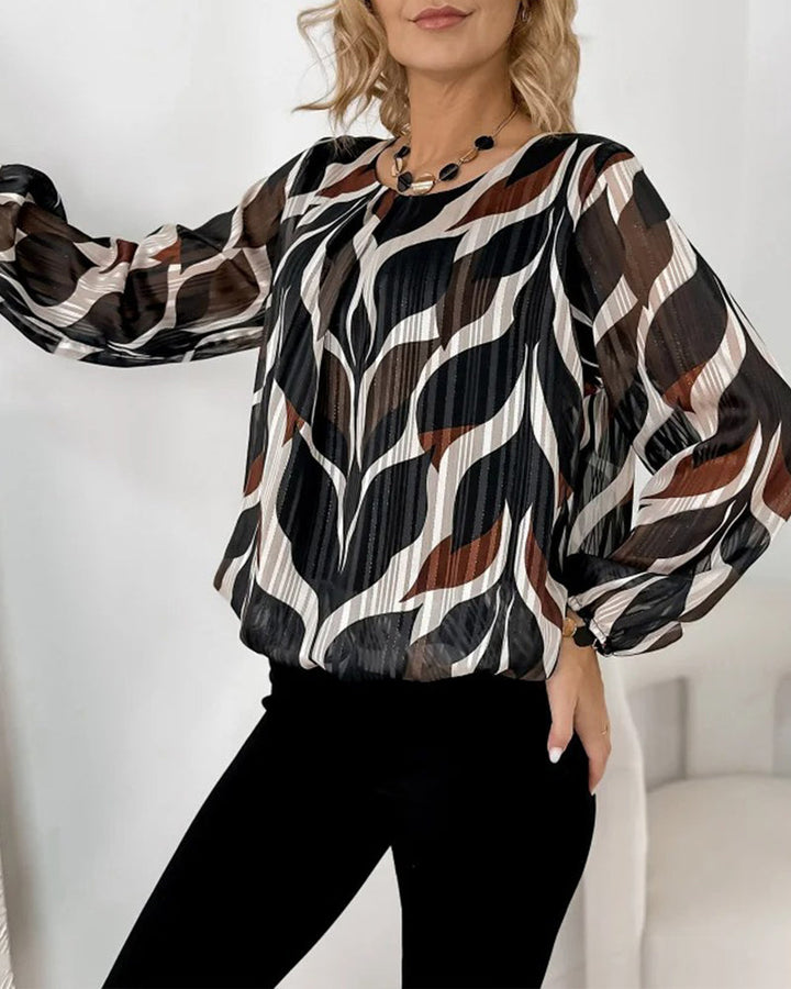 Blouse with Lantern Sleeves and Round Neckline