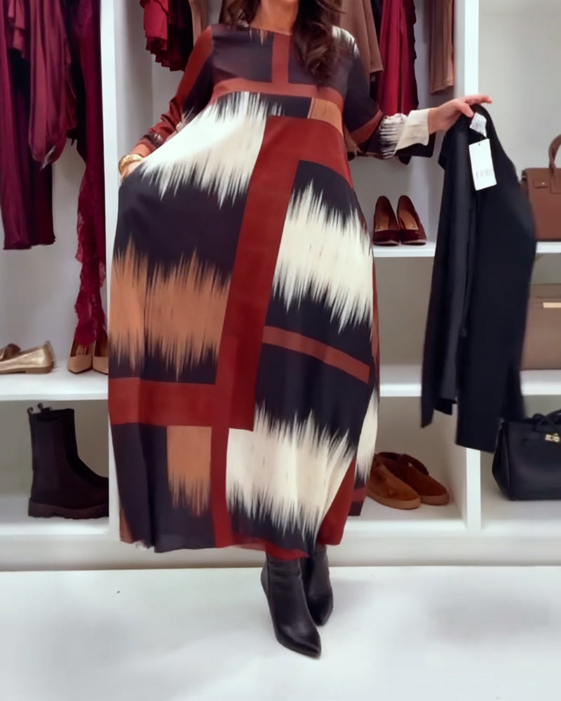 Modern Printed Dress With Round Neckline And Long Sleeves