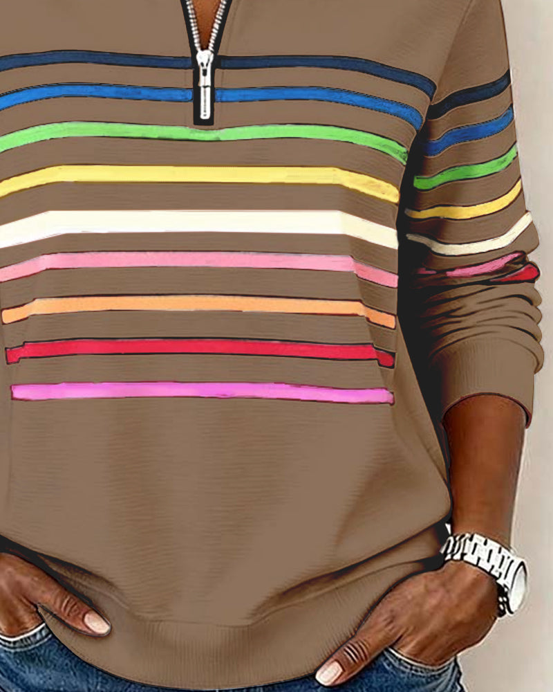 Mode Sweatshirt with Half Zipper and Rainbow Stripes