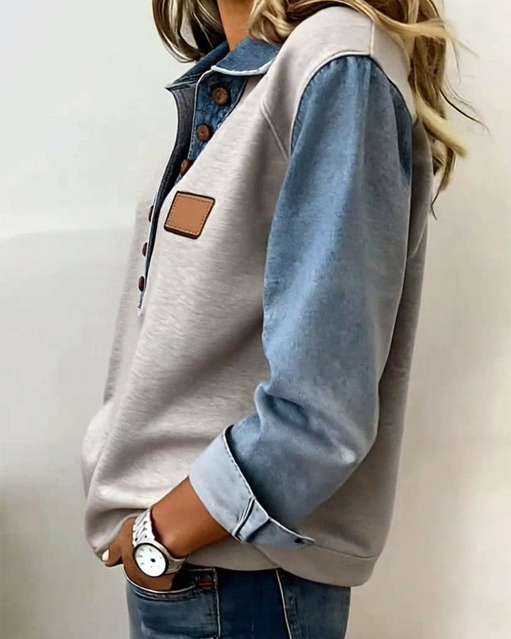 Stylish Sweatshirt with Denim Patchwork and Long Sleeves