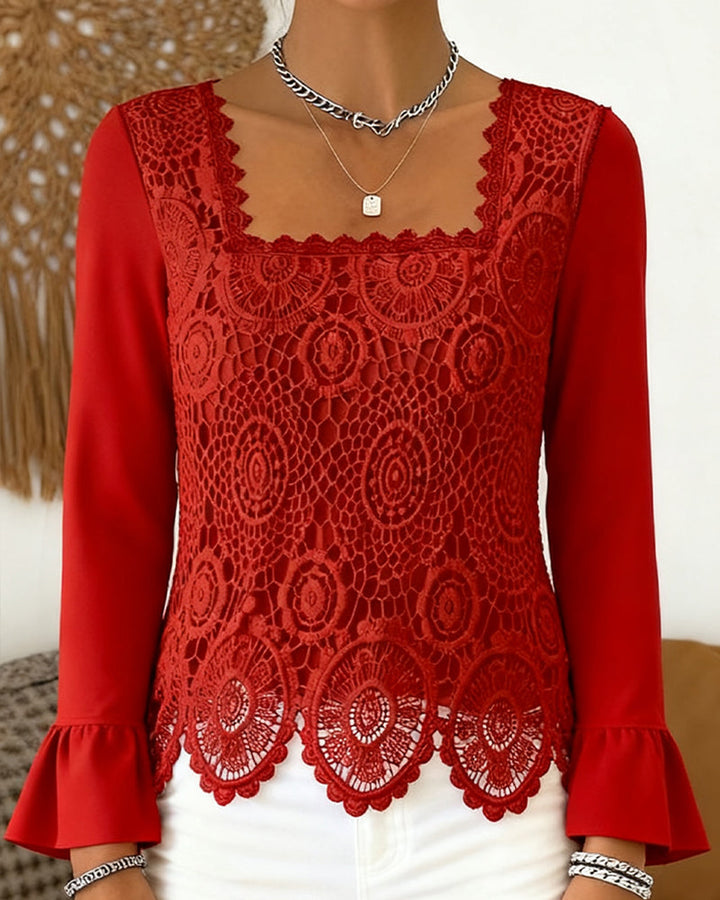 Crochet Blouse with Wide Neckline and Patchwork Details
