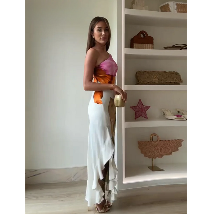 Ismena - Elegant Skew Neck Floral Maxi Dress