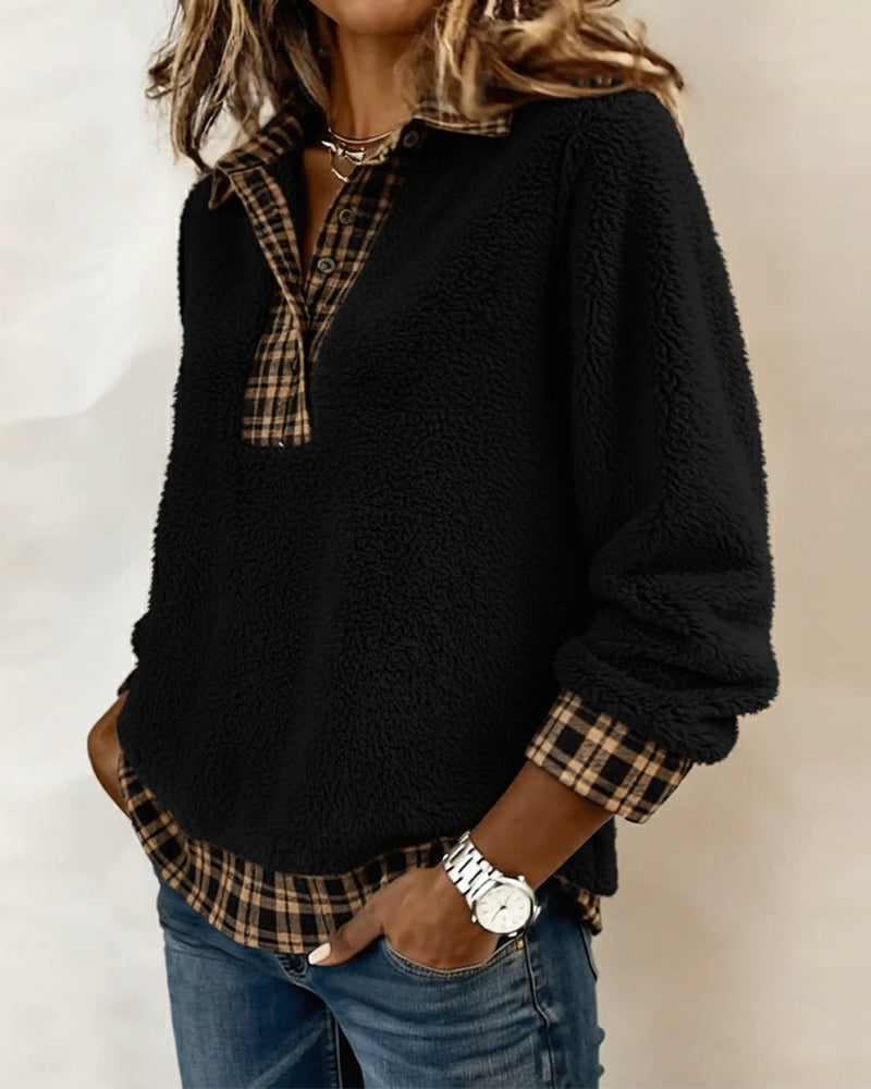 Top with Checkered Collar and Solid Patchwork