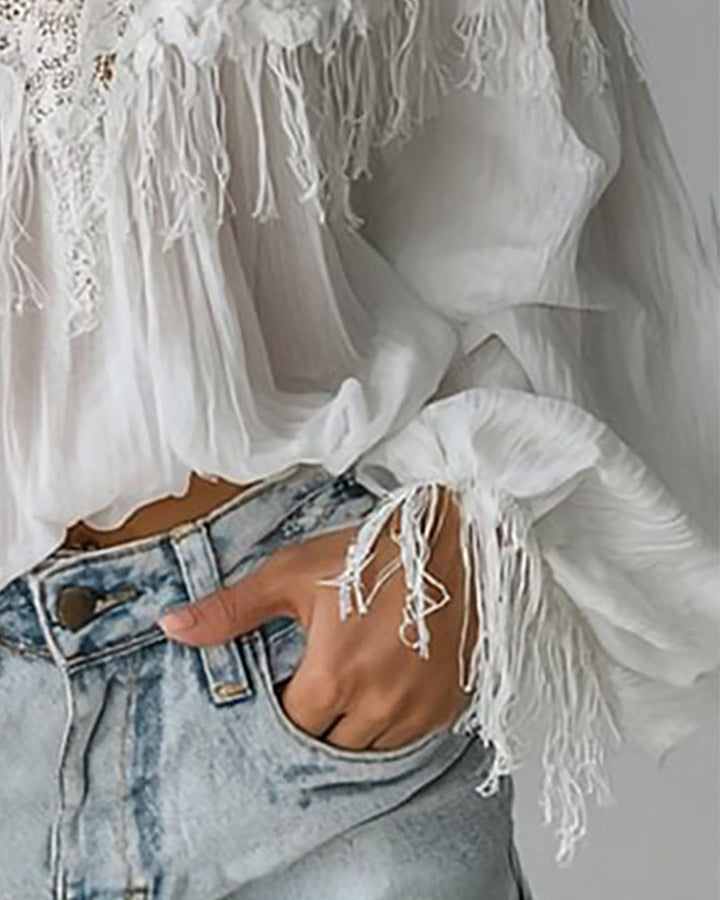Top with Off Shoulder Design Lace and Fringes