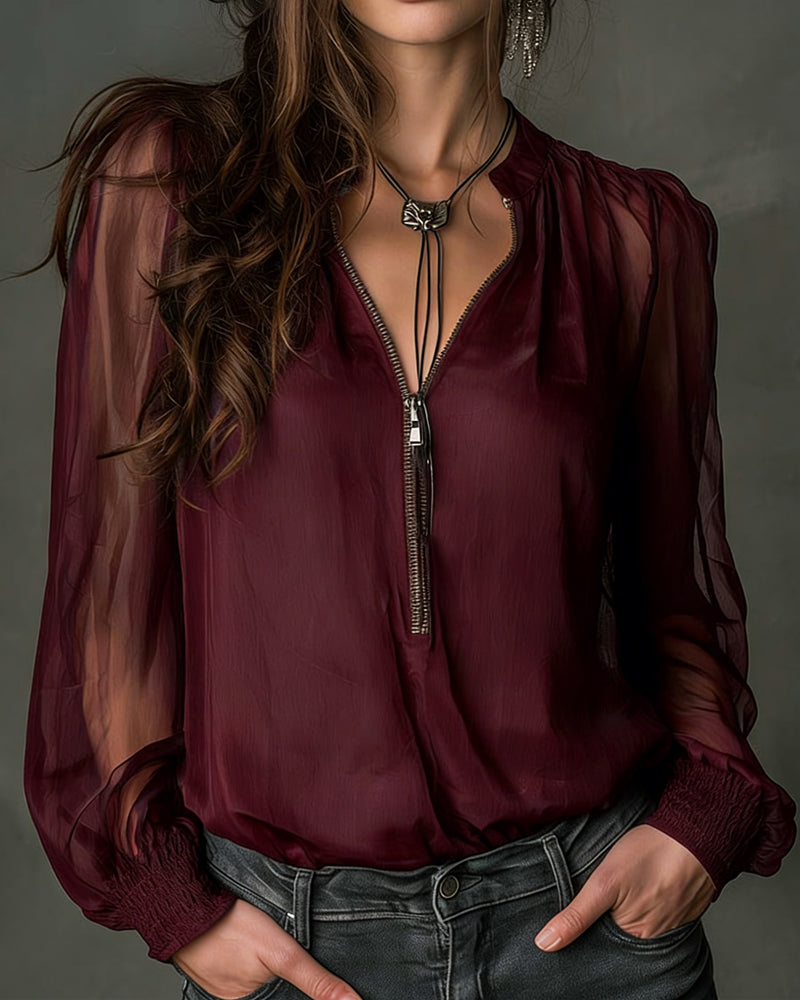 Half-Zip Blouse Long Sleeves