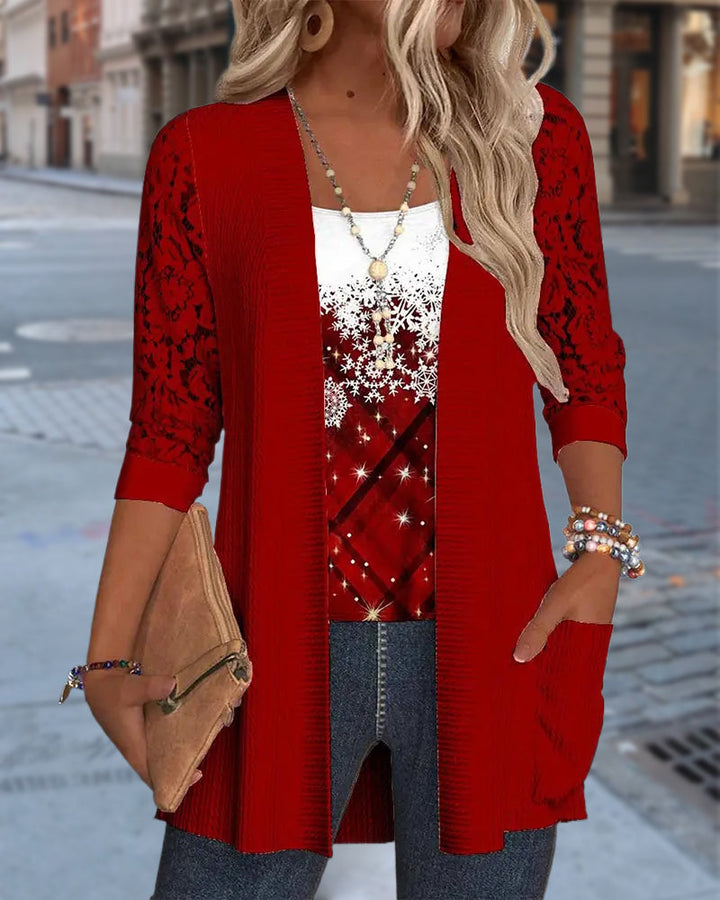 Knitted Top with Print in Faux Two-Piece Design