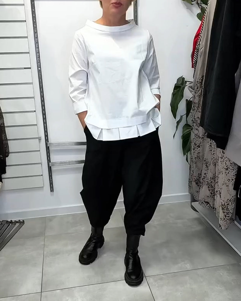 100% Cotton Blouse Wide Collar Solid Color Casual