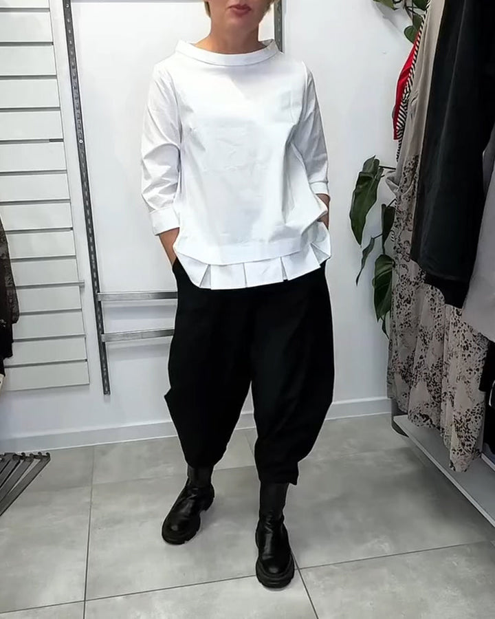 100% Cotton Blouse Wide Collar Solid Color Casual