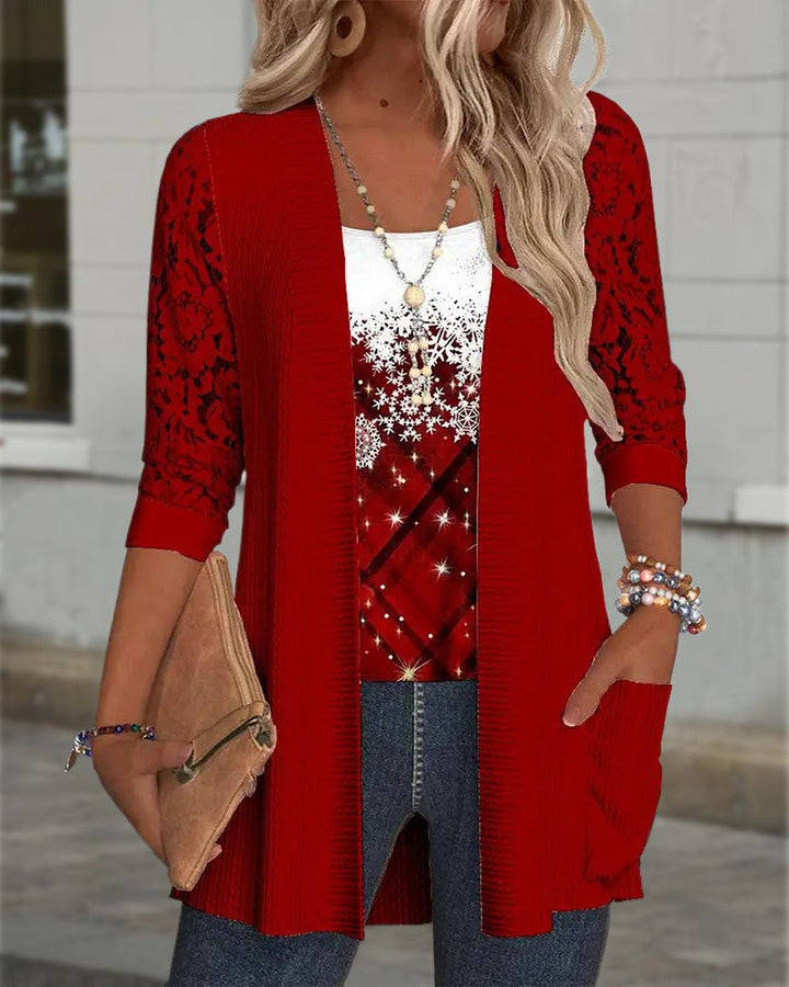 Knitted Top with Print in Faux Two-Piece Design