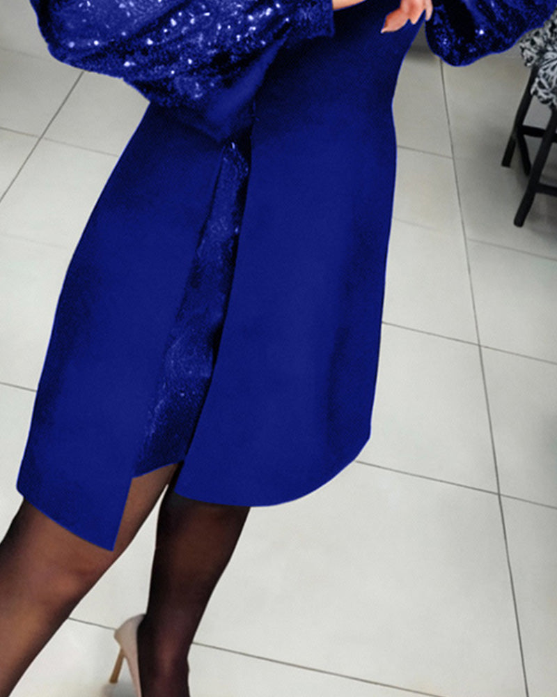 Elegant Dress with Puff Sleeves and Patchwork Details