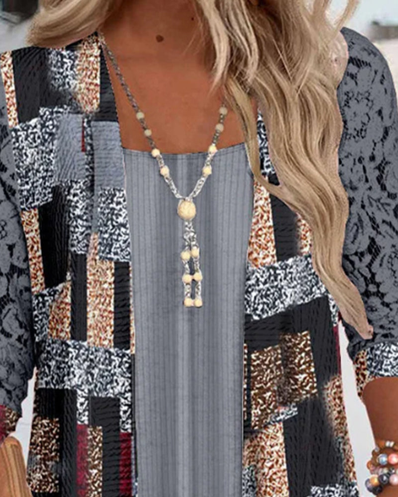 Long-Sleeve Blouse with Print and Faux Two-Piece Look