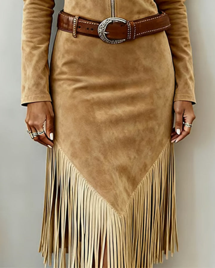 Solid Color Dress With Half Zipper And Tassel