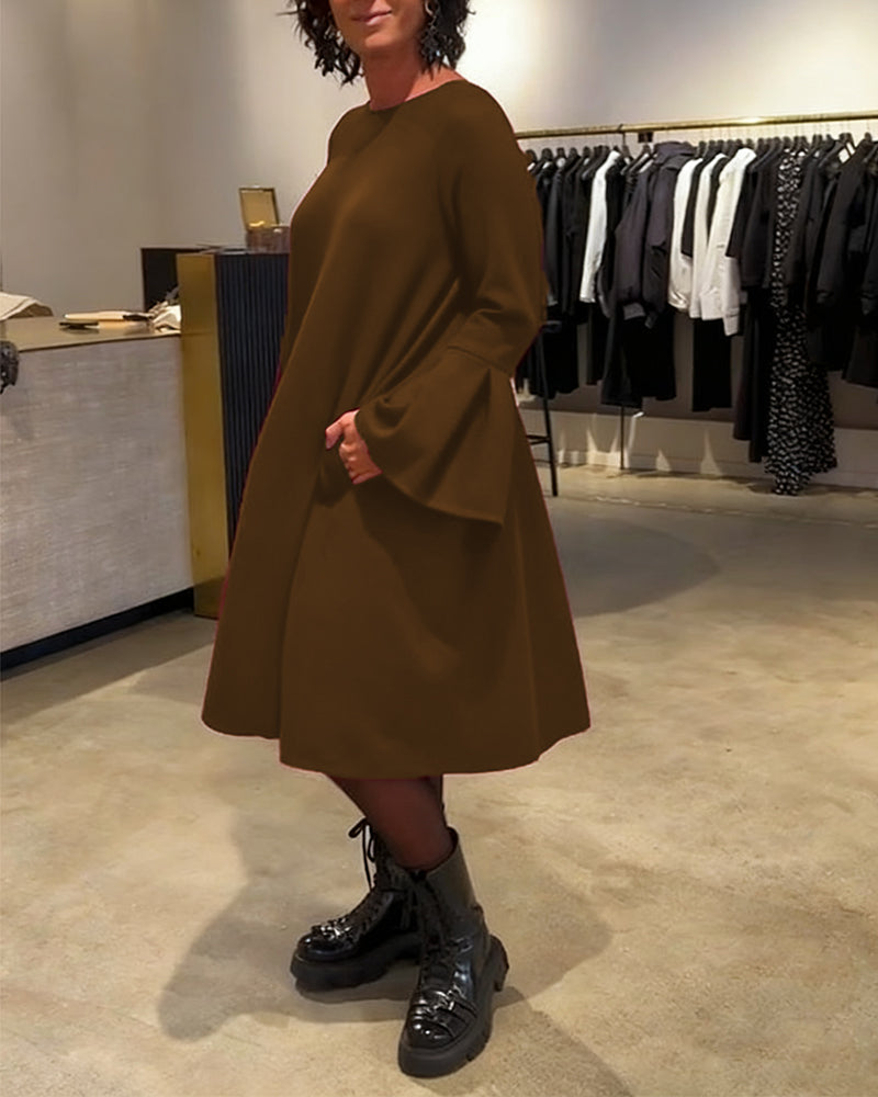 Dress Solid Color Bell Sleeve Ruched