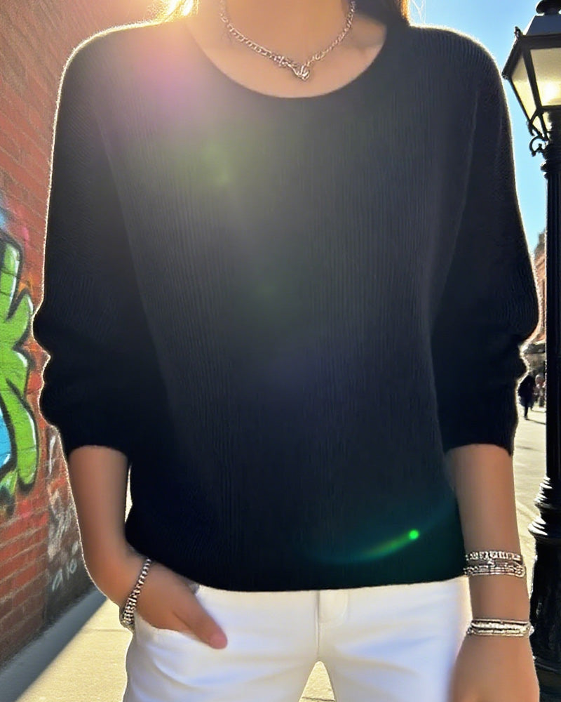 Solid Color Sweater with Round Neck and Drop Shoulder