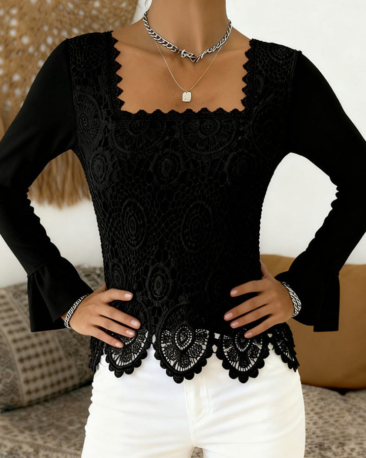 Crochet Blouse with Wide Neckline and Patchwork Details