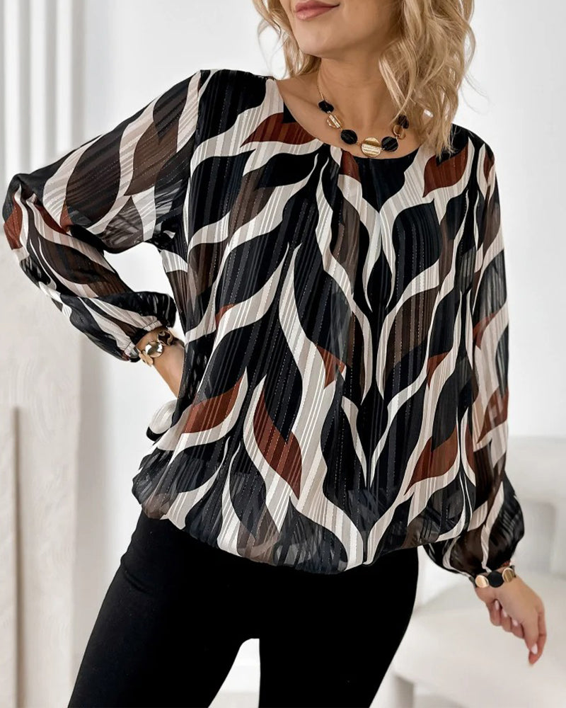 Blouse with Lantern Sleeves and Round Neckline